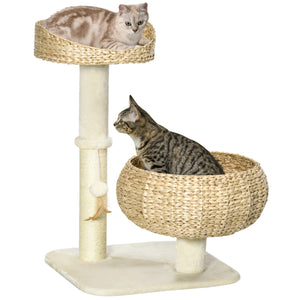 71cm Cat Tree with Scratching Post and 2 Beds, Beige