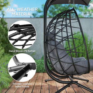 Double wicker swing chair with canopy, foldable and hanging, with headrest and cushion, gray