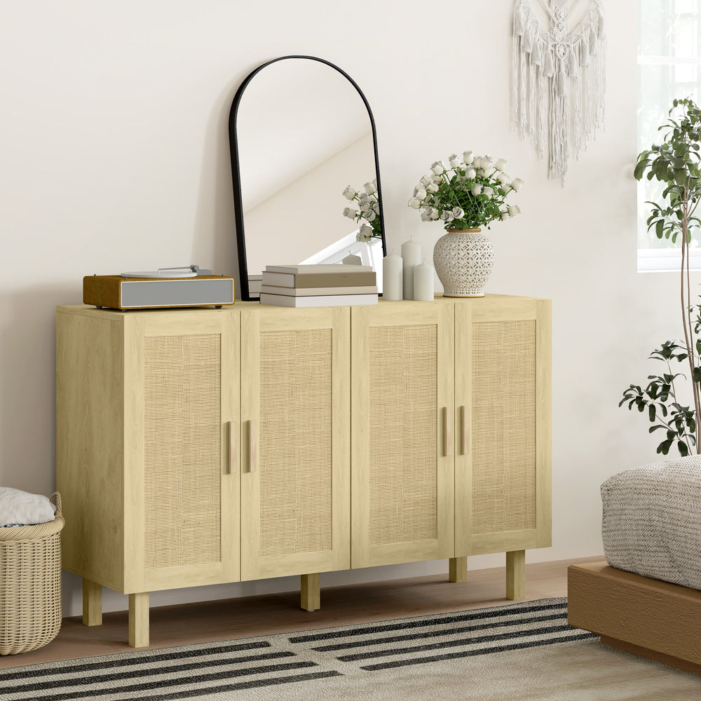 Storage sideboard with 4 rattan doors and adjustable shelves, natural