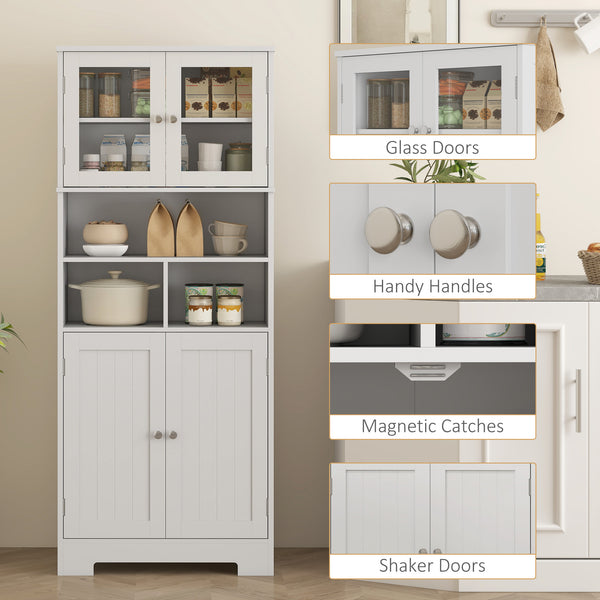 Kitchen Pantry with Glass Doors, Adjustable Shelves, Open Compartments, White