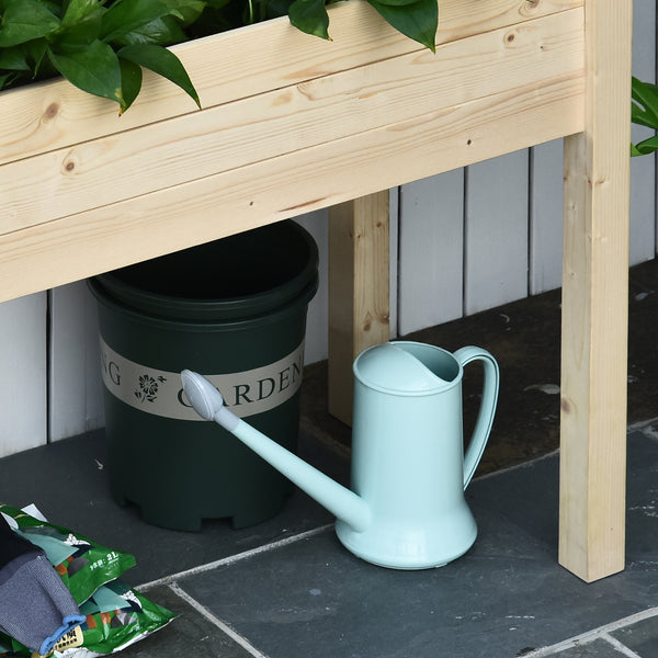 Raised wooden planter with legs, drainage holes and inner bag, natural color