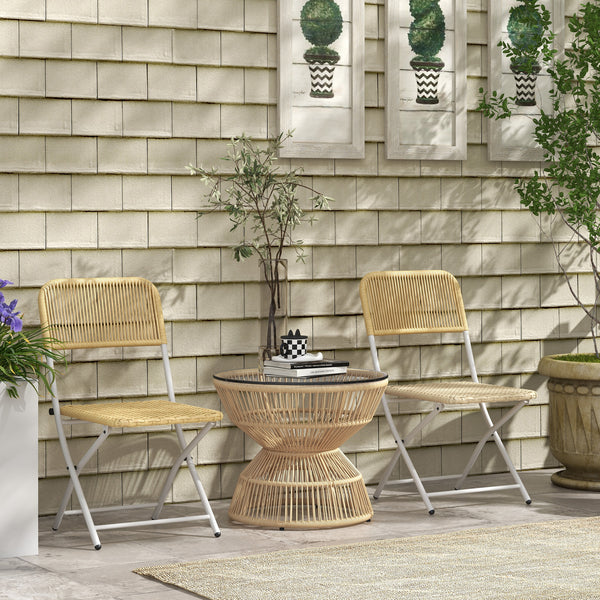 Rattan Outdoor Coffee Table, Patio End Table with Tempered Glass Tabletop & Steel Frame, Wicker Furniture, Nature Wood