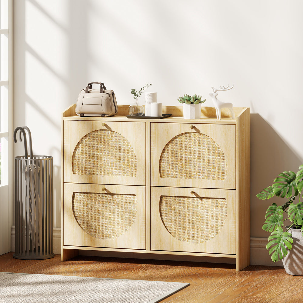 Shoe cabinet with 4 folding drawers with rattan doors and adjustable shelves, capacity of 16 pairs, natural color