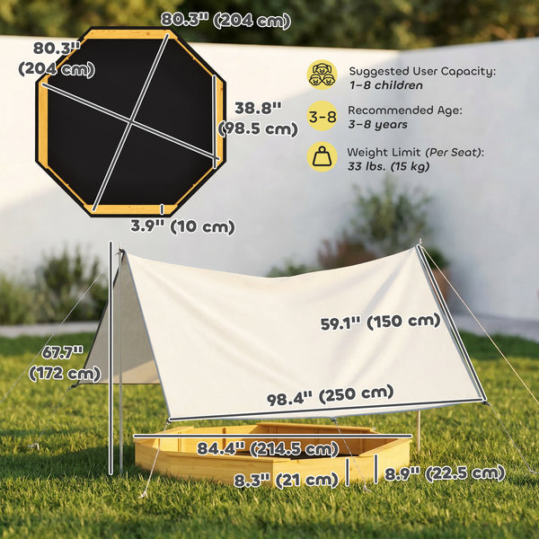 Bac à sable en bois pour enfants, avec grand auvent, 4 bancs et fond tapissé, pour les enfants de 3 à 8 ans, jaune.