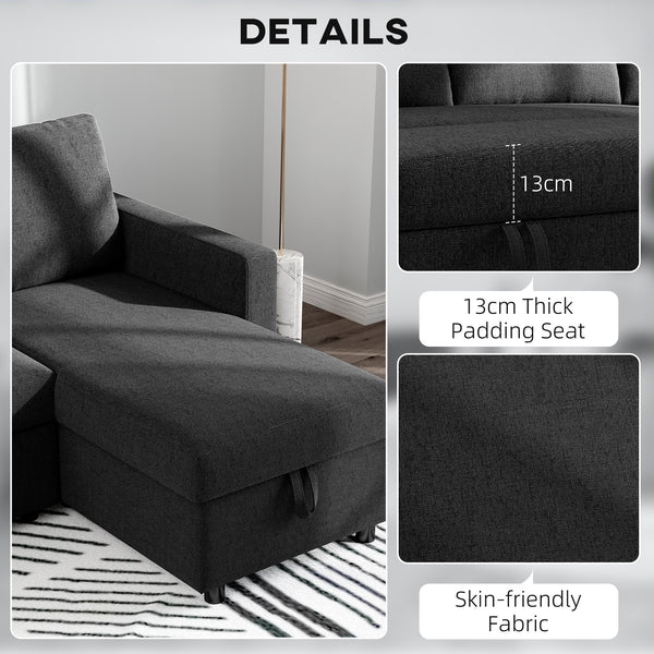 3-seater convertible sectional sofa with pull-out bed, reversible chaise longue and storage – Black