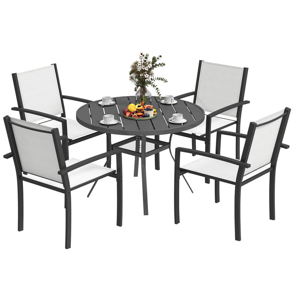 5-Piece Outdoor Dining Set with Round Table and 4 Stackable Chairs, for Garden, Lawn, Patio, Balcony and Poolside
