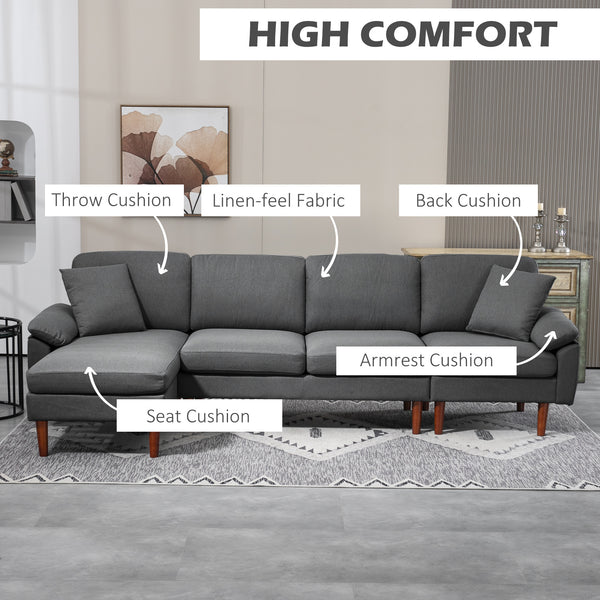 Modern L-shaped sectional sofa with removable chaise, cushions and wooden legs, dark gray