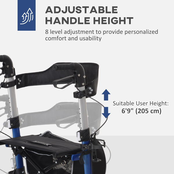 Lightweight folding walker with large seat, backrest and adjustable handle blue