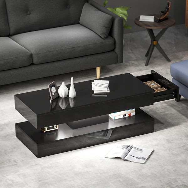 Coffee table with adjustable LED lighting, 2 drawers, open shelf, remote control, glossy black