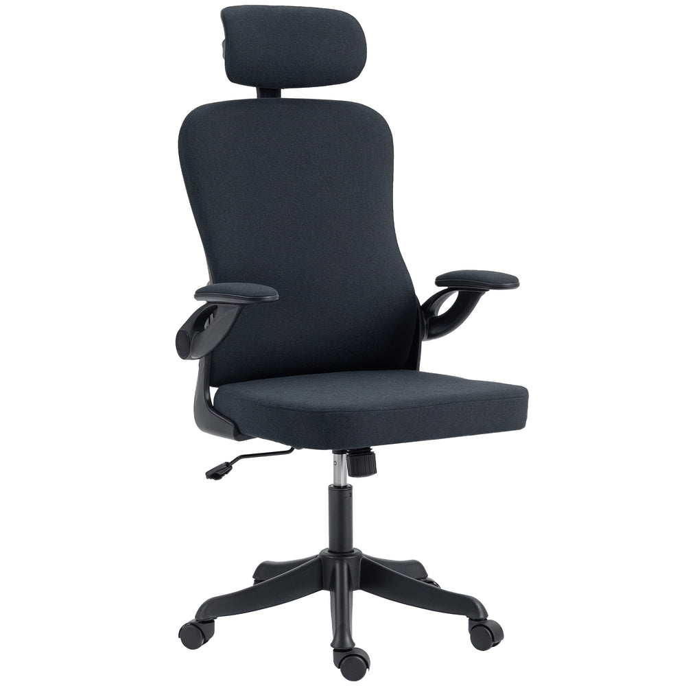 Ergonomic swivel office chair with lumbar support, adjustable headrest and height, flip-up armrests, black