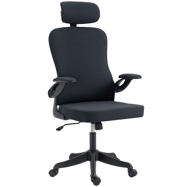 Ergonomic swivel office chair with lumbar support, adjustable headrest and height, flip-up armrests, black