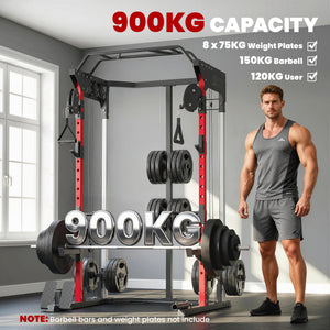 Weight training cage with adjustable pulley system, pull-up bar, dip station, Landmine pull-up bar