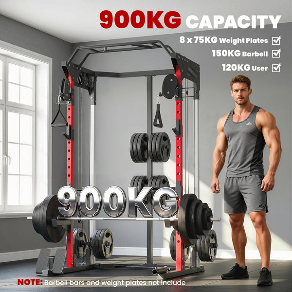 Weight training cage with adjustable pulley system, pull-up bar, dip station, Landmine pull-up bar