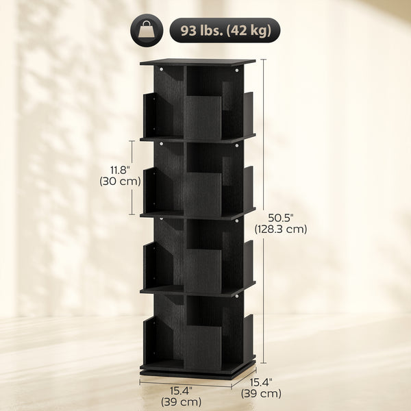 4-Tier 360° Rotating Bookcase with 16 Compartments, Black Wood Grain