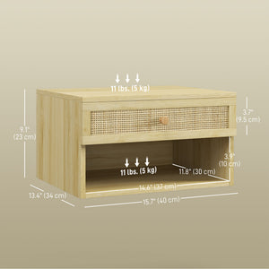 Set of 2 floating wall-mounted bedside tables with rattan drawer – Natural wood