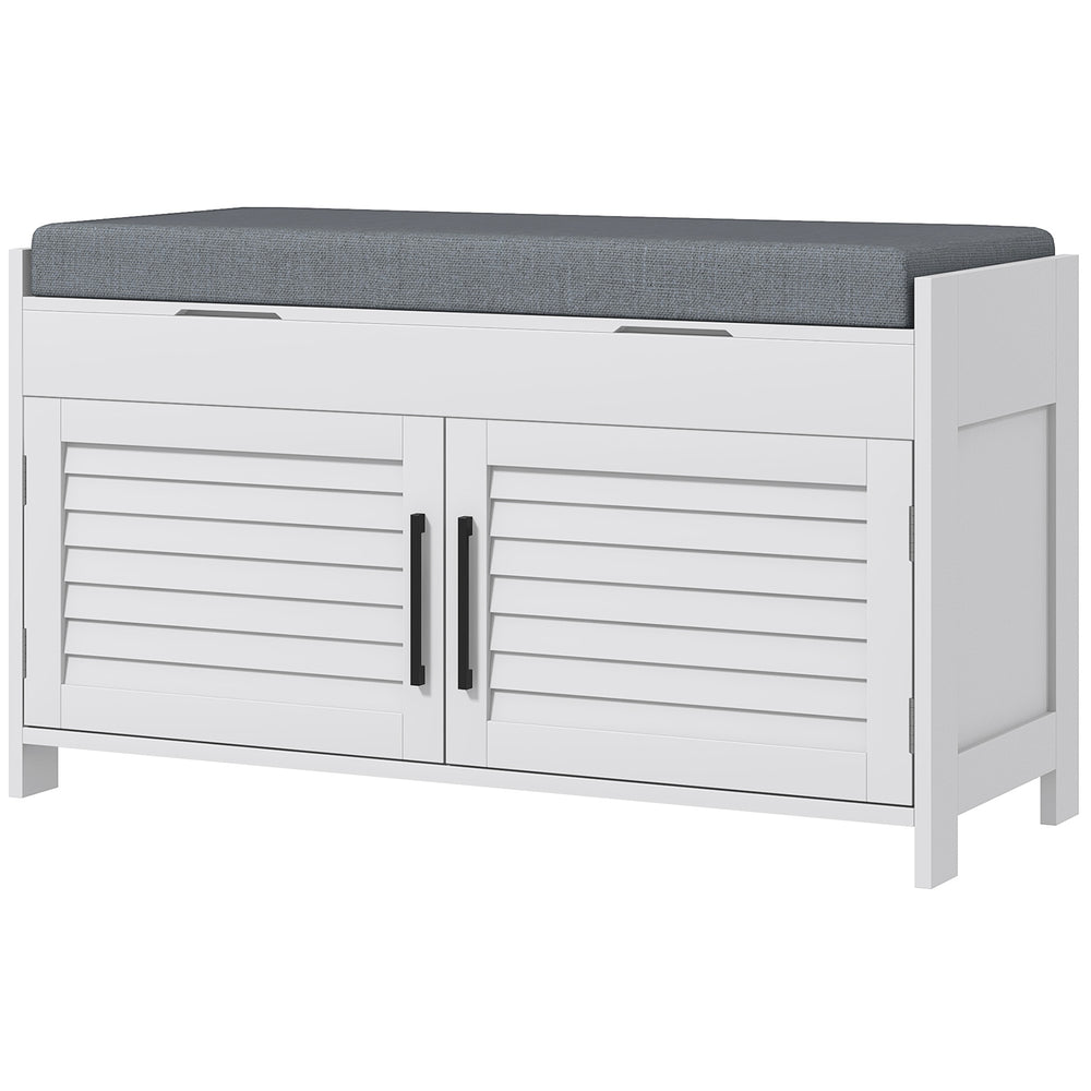 Entryway Bench with Cushion, Concealed Storage, Adjustable Shelves, and Louvered Doors, White
