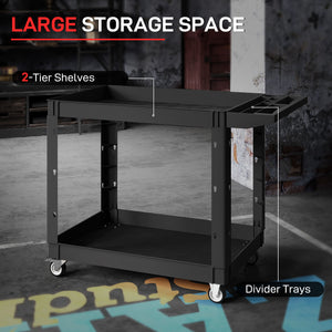 2-Tier Rolling Tool Cart, 500 lb Capacity, Plastic Utility Cart with Handle, Black