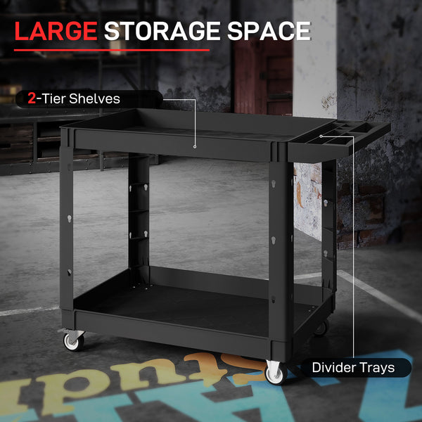 2-Tier Rolling Tool Cart, 500 lb Capacity, Plastic Utility Cart with Handle, Black