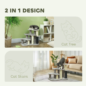 Cat tree with stairs and scratching post, light grey