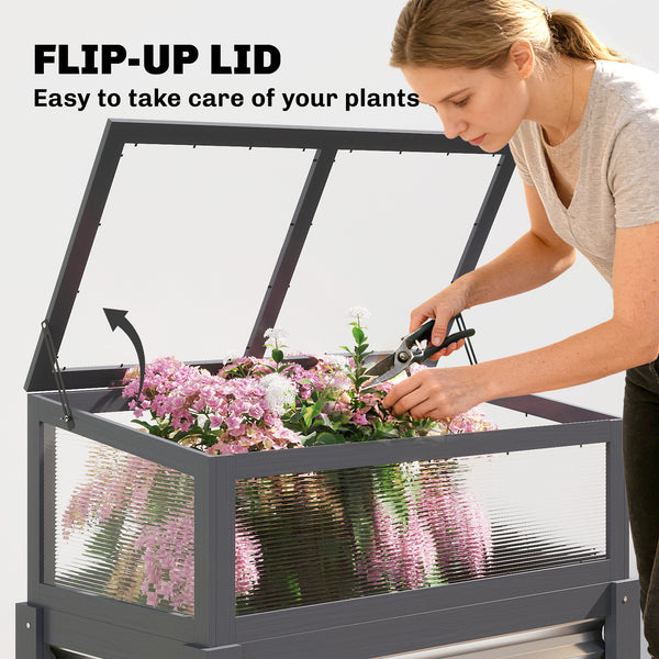 Jardinière surélevée avec dessus de serre relevable, bac à plantes surélevé en bois avec pieds et doublure, gris