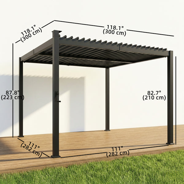 10 x 10 pergola with adjustable louvered roof, black, with LED solar lighting and drainage gutters