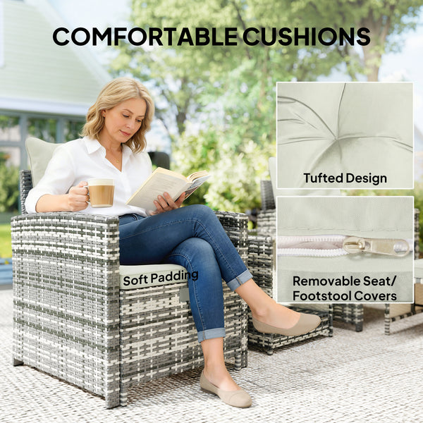 5 Piece Patio Furniture Set, Wicker Patio Chairs with Ottomans, 2-Tier Glass Coffee Table and Cushions, Grey/Cream White