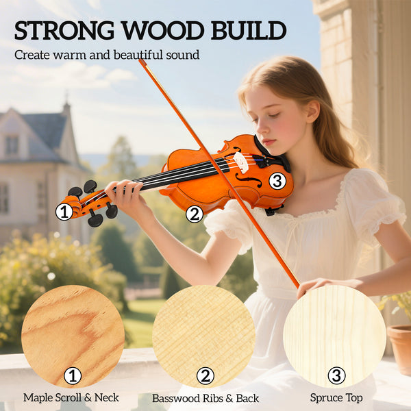 Full-size 4/4 violin with bow, case, rosin, and shoulder rest