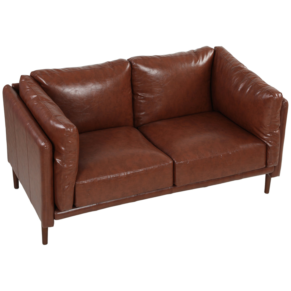 2-seater sofa, faux leather upholstery, wide seat, high-density foam, thick cushions, wooden legs, brown