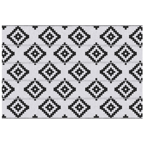 Reversible Outdoor Patio Rug, 6' x 9' Plastic Straw Mat for Garden, Patio, Beach, Camping, Black and White