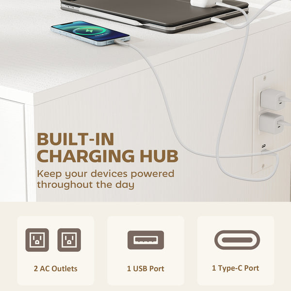 55" L-Shaped Desk with Outlets and Drawers, White