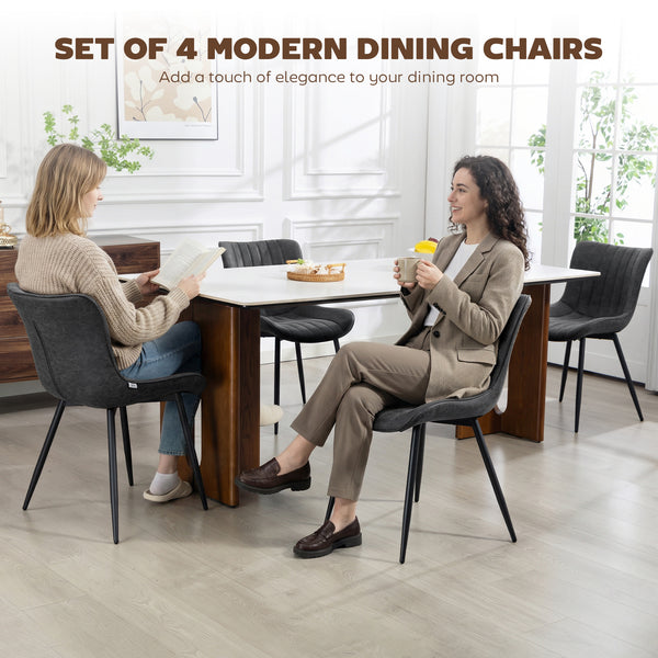 Set of 4 upholstered faux leather dining chairs with steel backrest and legs, Grey 