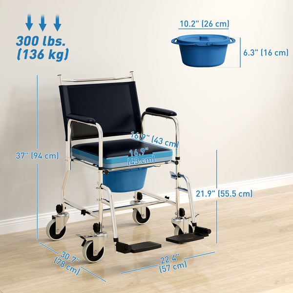 Black 4-in-1 commode and shower chair with wheels and padded seat