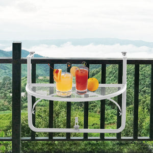 Adjustable metal balcony table, half-round serving table, white