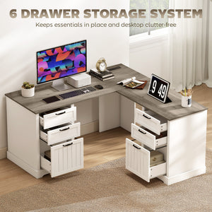 L-shaped desk with 6 drawers with outlets and USB, white and brown