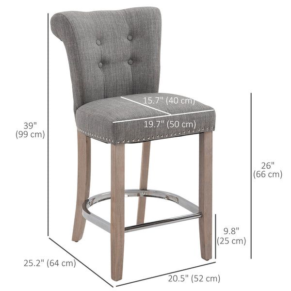 Set of 2 padded bar stools with tufted backrest, grey