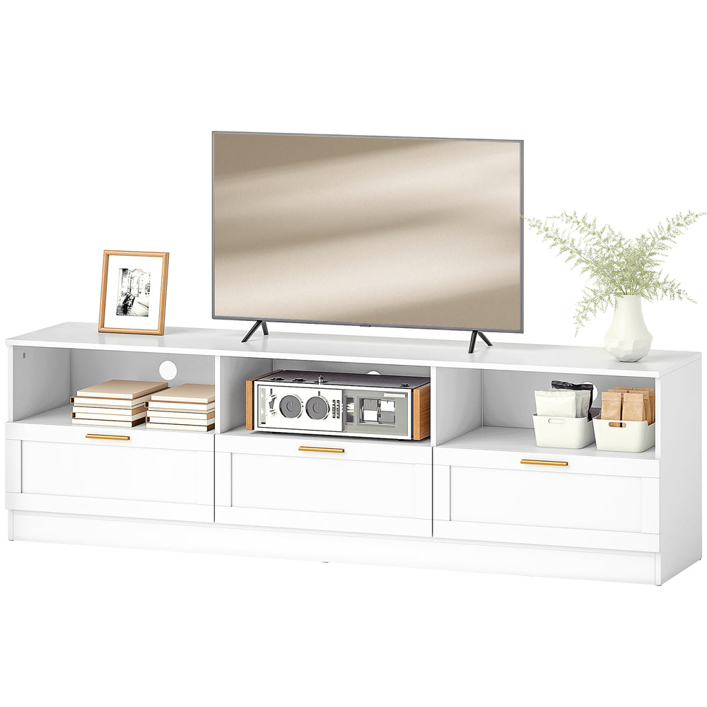 TV stand with 3 cabinets and 3 open shelves, for TVs up to 85 inches, white
