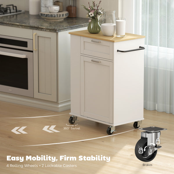 Mobile kitchen island with tilt bin compartment, drawer and storage