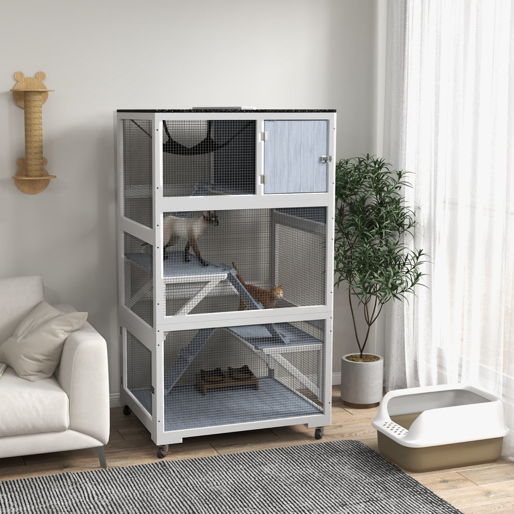 Cat enclosure on wheels with hammock and several resting platforms, grey