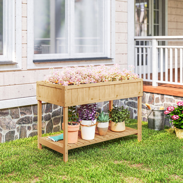 Raised planter with 8 compartments, storage shelf, natural wood color