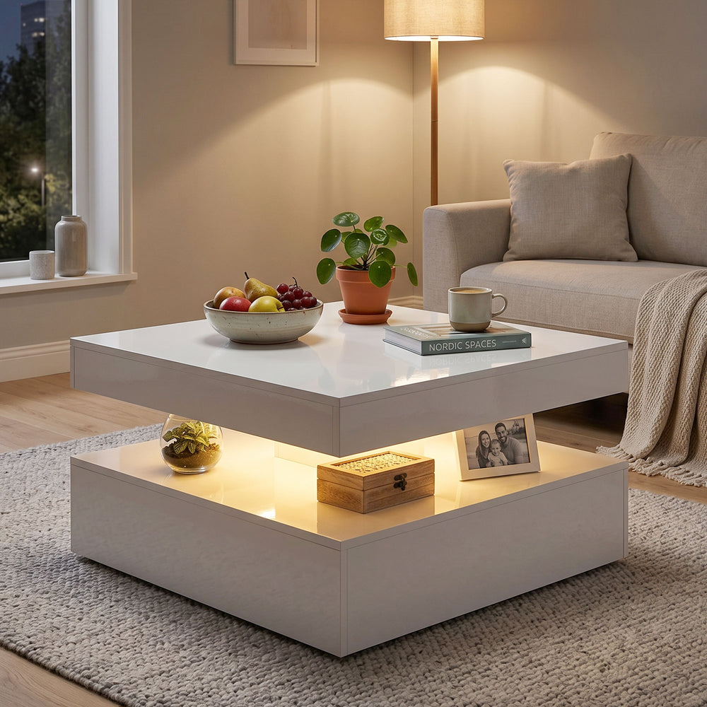LED Coffee Table with 2-Tier Storage with Open Shelf and Remote Control for Living Room, High Gloss White