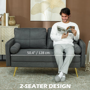 2 seater upholstered sofa with back cushions and pillows, dark grey