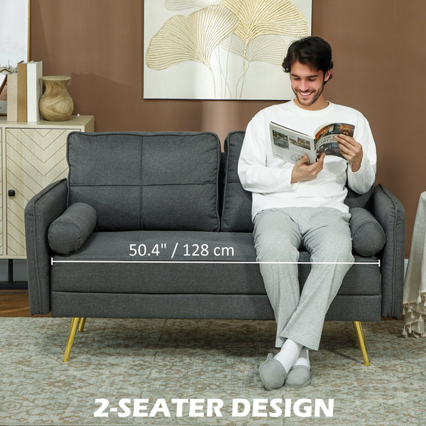 2 seater upholstered sofa with back cushions and pillows, dark grey