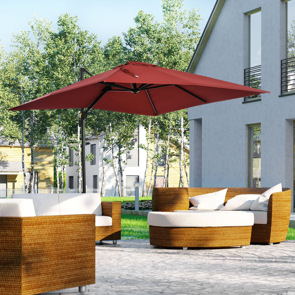 8-foot square cantilever parasol with 360° rotation and tilt, burgundy red