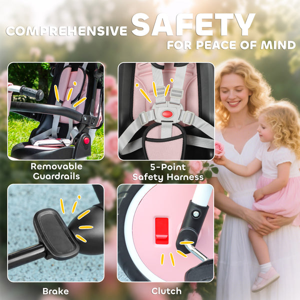 6 in 1 Tricycle with Push Handle, Removable Canopy, Swivel Seat, Pink