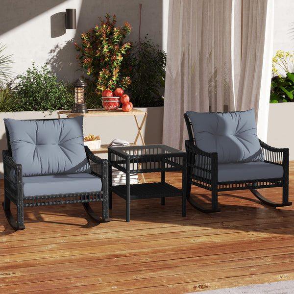 Ensemble de 3 chaises à bascule en rotin synthétique gris avec table à plateau en verre trempé, idéal pour extérieur