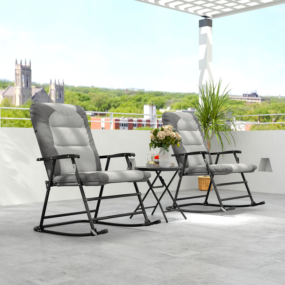 Ensemble 3 pièces de chaises à bascule pliables d'extérieur en gris clair, idéal pour jardin, patio ou balcon