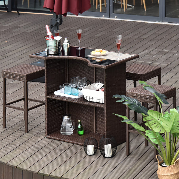 Ensemble de bar de terrasse 5 pièces en rotin synthétique marron foncé avec table à plateau en verre trempé et chaises hautes