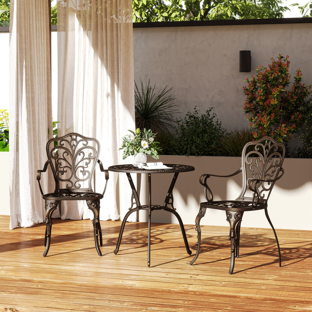 Ensemble bistro 3 pièces en fonte d’aluminium couleur bronze avec table ronde, 2 chaises et trou pour parasol – mobilier de jardin compact et élégant