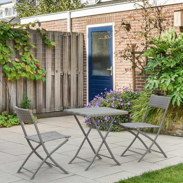 Ensemble bistrot pliant d'extérieur 3 pièces en rotin gris, idéal pour balcon, terrasse ou jardin