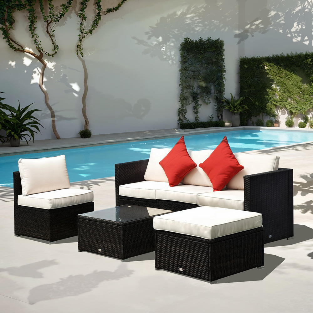 Ensemble de 6 canapés d'extérieur en rotin synthétique café foncé avec coussins épais blancs crème et table en verre